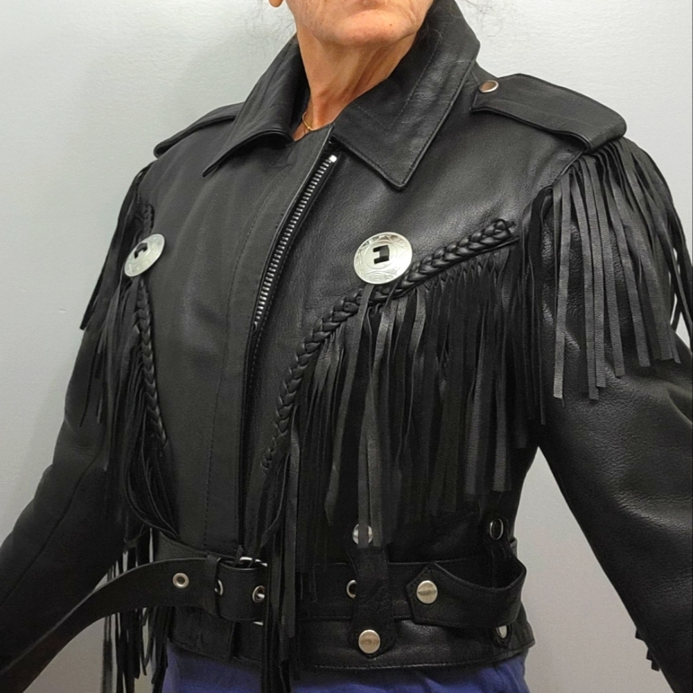 Mint fringed black genuine leather biker jacket
